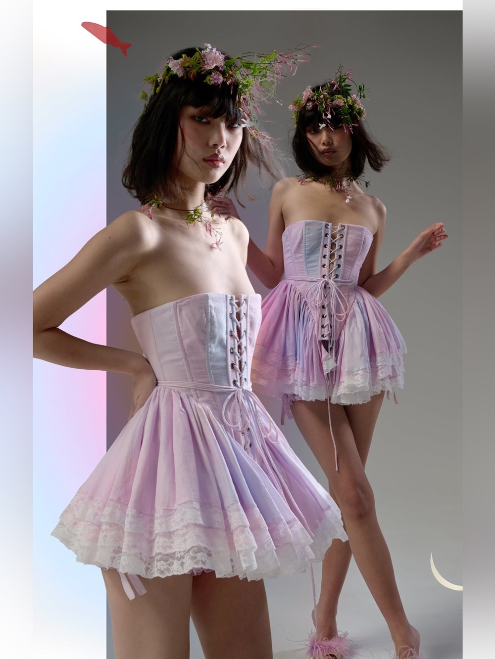 Selkie Pastel Blue-Pink Lace-Up Tulle Corset Top